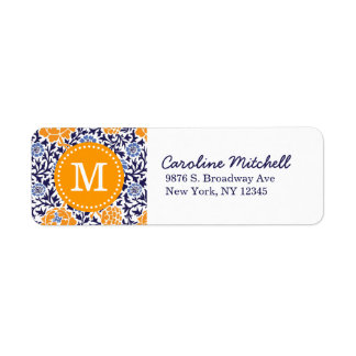 Étiquette Monogramme de Damas de la marine et de l'orange ré