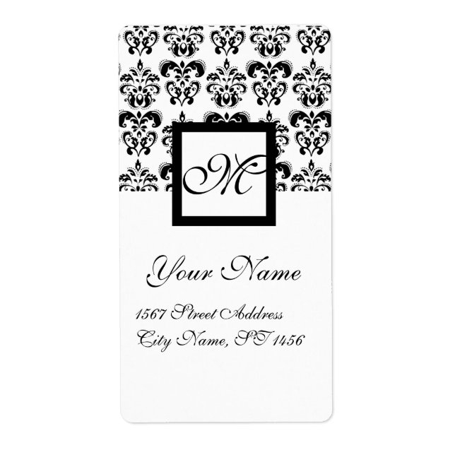 ÉTIQUETTE MONOGRAMME DE DAMASK CARRÉ NOIR ET BLANC, (Devant)