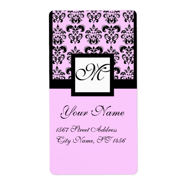 ÉTIQUETTE MONOGRAMME DE DAMASK CARRÉ NOIR ET ROSE (Devant)
