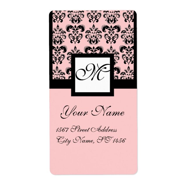 ÉTIQUETTE MONOGRAMME DE DAMASK CARRÉ NOIR ET ROSE (Devant)