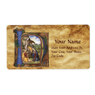 ÉTIQUETTE MONOGRAMME DE LA NATIVITÉ PARCHEMENT DE NOËL