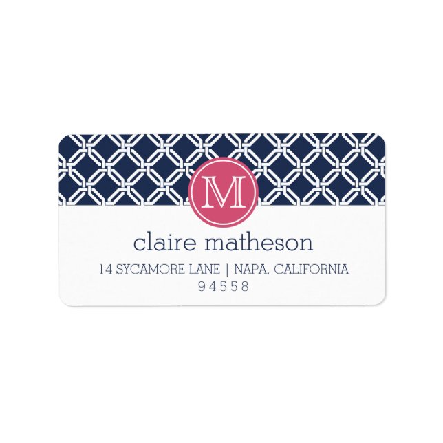 Étiquette Monogramme de liaison en treillis octogone rose et (Devant)