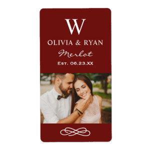 Étiquette Monogramme de mariage rustique rouge foncé de phot