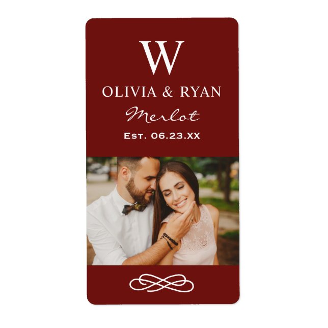 Étiquette Monogramme de mariage rustique rouge foncé de phot (Devant)