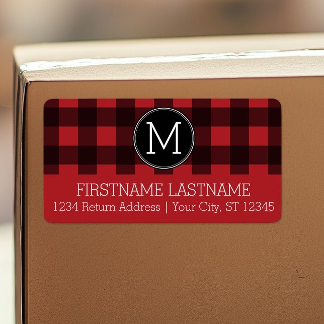 Étiquette Monogramme de Motif de Buffle Noir Rouge Rustique (Personalized return address label)