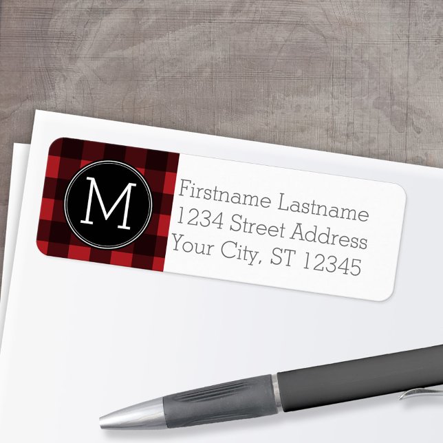 Étiquette Monogramme de Motif de Buffle Noir Rouge Rustique (Custom Return Address Labels - Low Minimum)