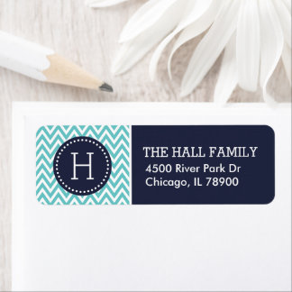 Étiquette Monogramme de Navy et de Turquoise Chevron