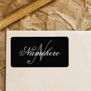 Étiquette Monogramme de nom noir et blanc personnalisé uniqu