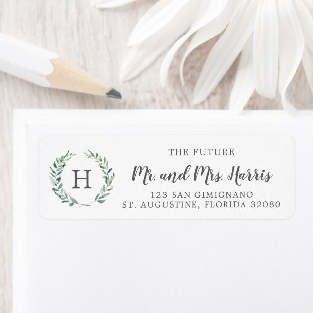 Étiquette Monogramme de verdure Adresse de retour de mariage (En situation)