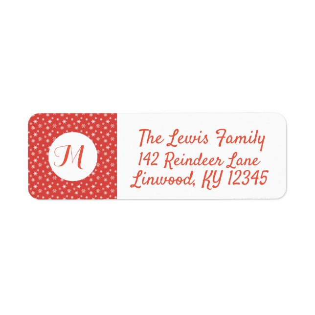 Étiquette Monogramme des flocons de neige rouges et blancs (Devant)