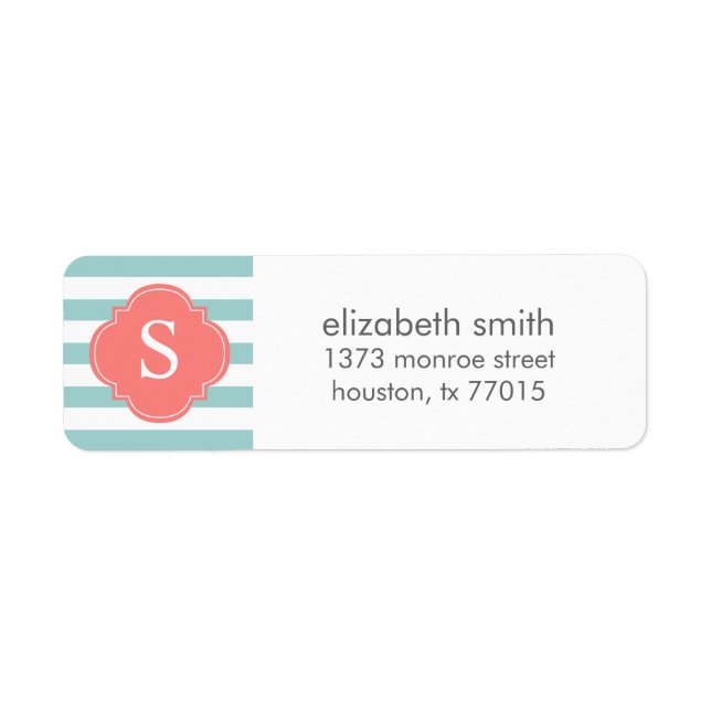 Étiquette Monogramme des rayures de menthe et de corail (Devant)