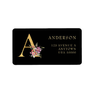 Étiquette Monogramme d'or classique A avec fleurs roses