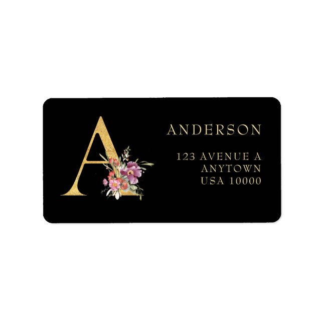 Étiquette Monogramme d'or classique A avec fleurs roses (Devant)