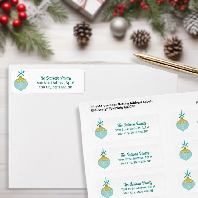 Étiquette Monogramme d'ornement de Noël rétro bleu (Créateur téléchargé)