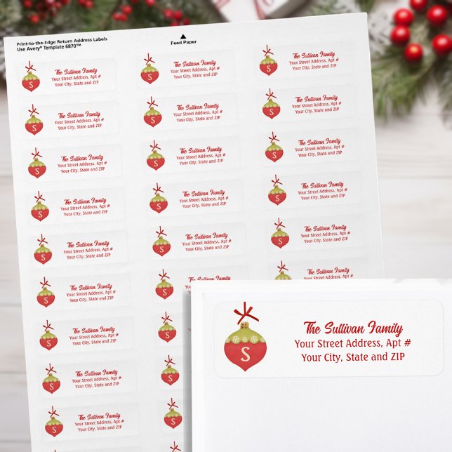 Étiquette Monogramme d'ornement de Noël rétro rouge (Créateur téléchargé)