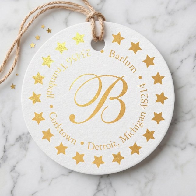 Étiquette Monogramme Étoile Dorée Circulaire (The perfect star-themed tag for your everyday gifts.)