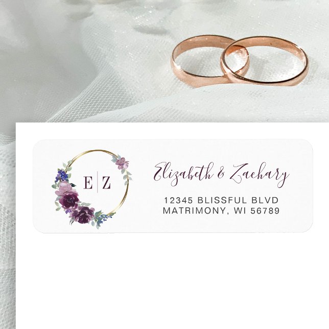 Étiquette Monogramme Fleur Violet Anneau Doré Adresse de Ret (Créateur téléchargé)