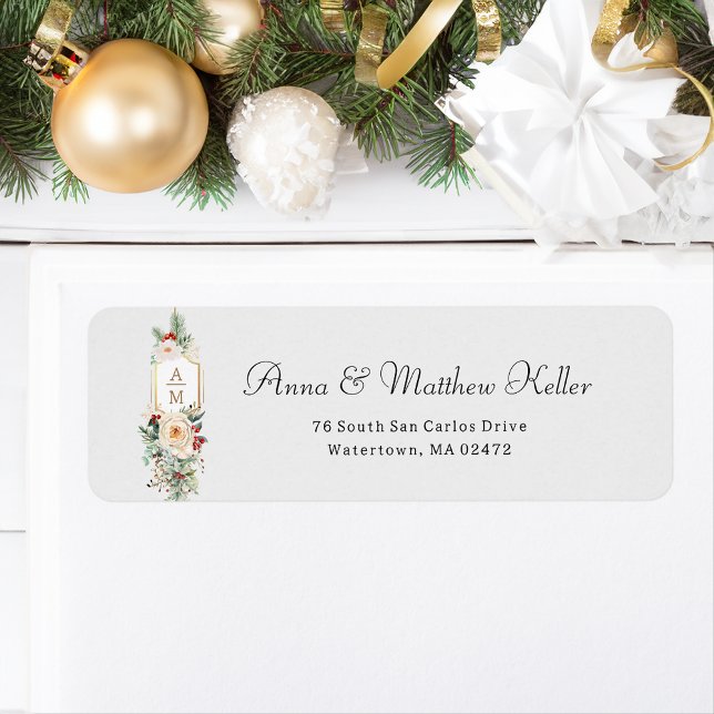 Étiquette Monogramme floral de Noël tout simplement élégant (Créateur téléchargé)