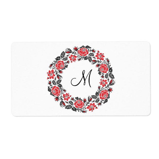 Étiquette Monogramme initial des roses rouges à point croisé (Devant)
