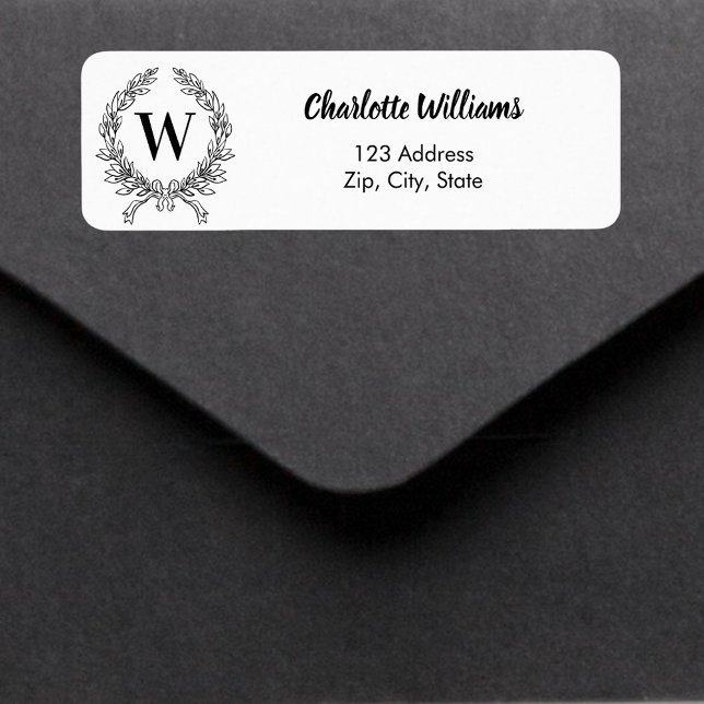 Étiquette Monogramme initial noir blanc couronne adresse de  (Créateur téléchargé)