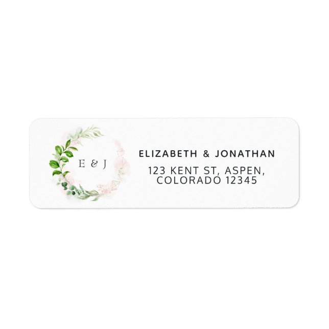 Étiquette Monogramme Mariage rose Gold et Blush Greenery (Devant)