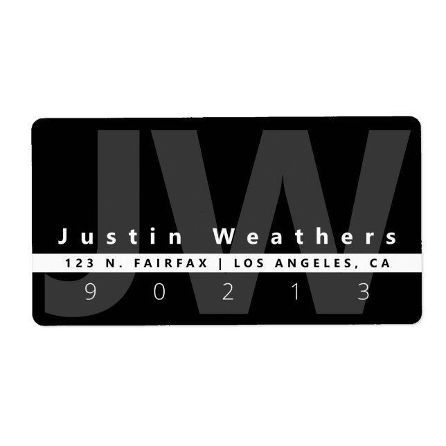 Étiquette Monogramme moderne | Black White & Grey Address (Devant)