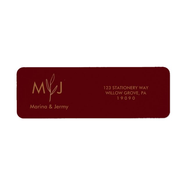Étiquette Monogramme Moderne de Feuille d'Or de Bourgogne  (Devant)
