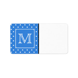 Étiquette Monogramme Motif Polka bleu et blanc. Personnalisé