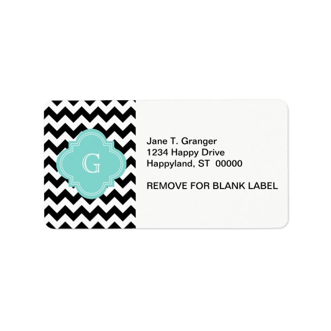 Étiquette Monogramme noir blanc Chevron Zig-Zag Turquoise (Devant)