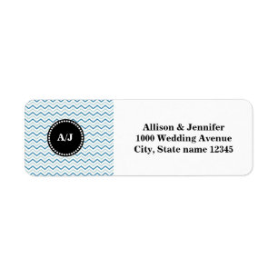 Étiquette Monogramme noir et Aqua Chevron Adresse de retour