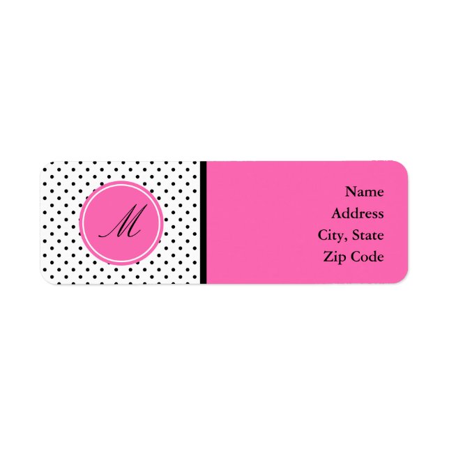 Étiquette Monogramme noir et blanc Polka point avec rose cha (Devant)