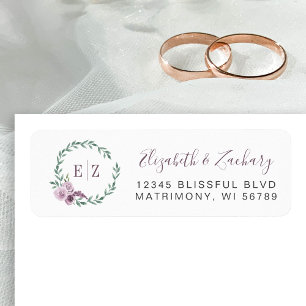 Étiquette Monogramme Purple Floral Wreath Adresse de retour