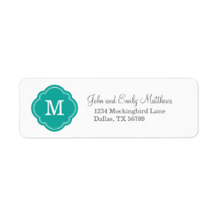 Étiquette Monogramme Quatrefoil turquoise Adresse de retour