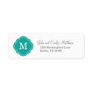 Étiquette Monogramme Quatrefoil turquoise Adresse de retour