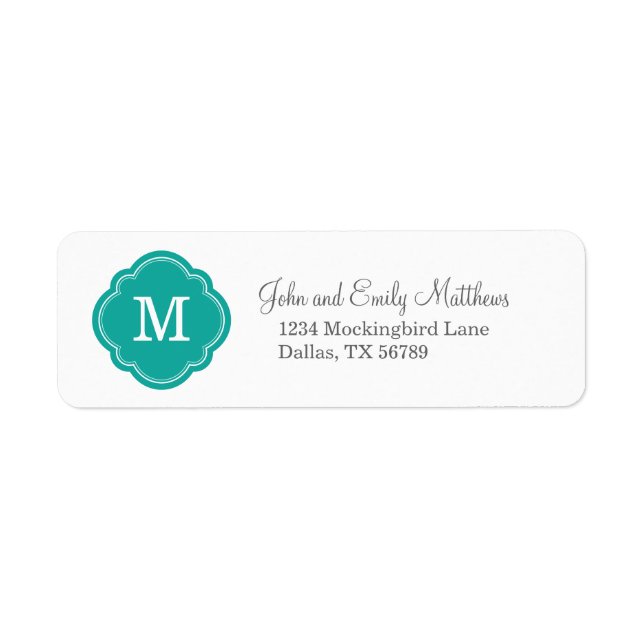 Étiquette Monogramme Quatrefoil turquoise Adresse de retour (Devant)