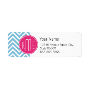 Étiquette Monogramme rose magenta avec Chevron bleu-clair