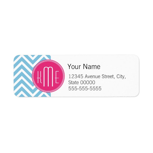 Étiquette Monogramme rose magenta avec Chevron bleu clair (Devant)