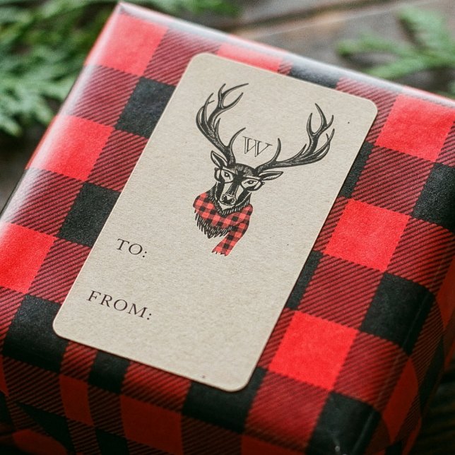 Étiquette Monogramme | rouge confortable et chaud de renne (Cozy & Warm | Red Buffalo Plaid Reindeer Monogram Label)