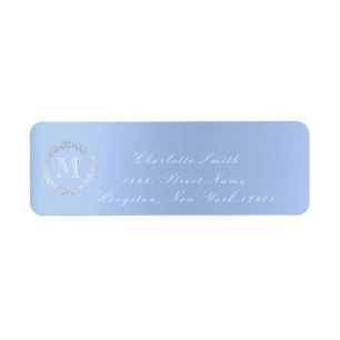 Étiquette Monogramme Sky Blue Grey Silver Wreath Blush RSVP