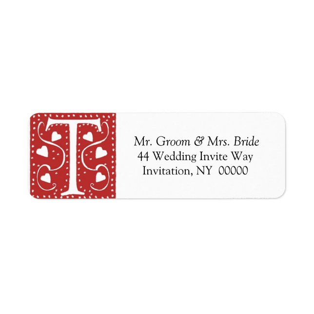 Étiquette Monogramme T Coeurs Rouge Blanc Mariage Couleurs R (Devant)