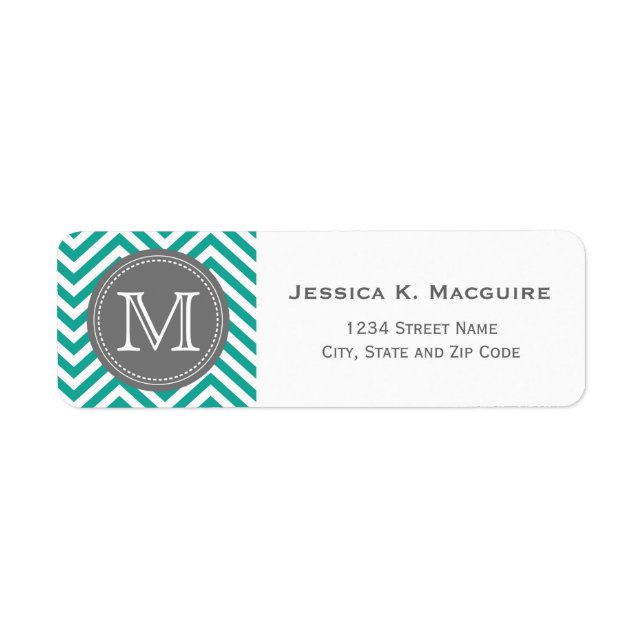 Étiquette Monogramme Turquoise bleu et gris Chevron (Devant)