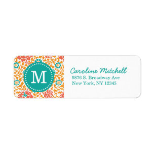 Étiquette Monogramme turquoise et orange rétro de Damas flo
