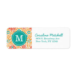 Étiquette Monogramme turquoise et orange rétro de Damas flor