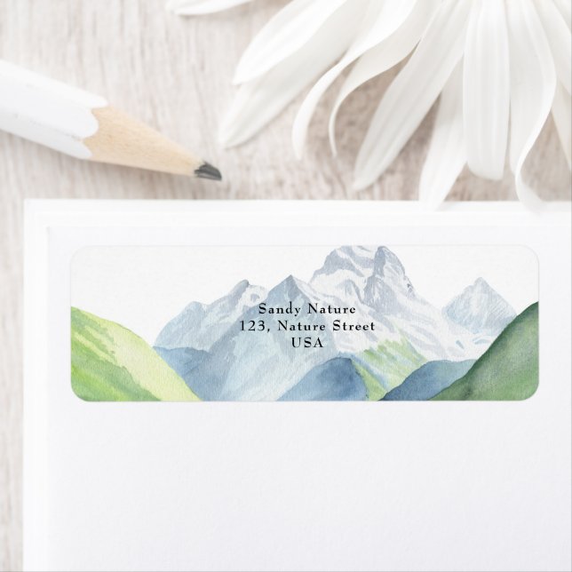 Étiquette Montagnes aquarelles - Que l'aventure commence (En situation)