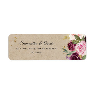 Étiquette Moody & Rustic Burgundy Kraft Cadre Floral & Or
