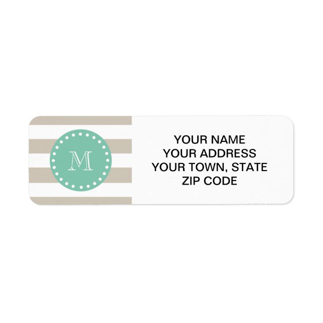 Étiquette Motif à rayures beiges, Monogramme vert menthe (Devant)