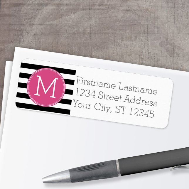 Étiquette Motif à rayures noir et blanc Monogramme rose chau (Custom Return Address Labels - Low Minimum)