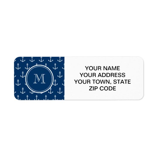 Étiquette Motif blanc d'ancres de bleu marine, votre monogra