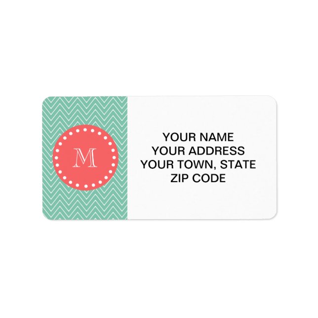 Étiquette Motif Chevron vert Mint | Monogramme de corail (Devant)