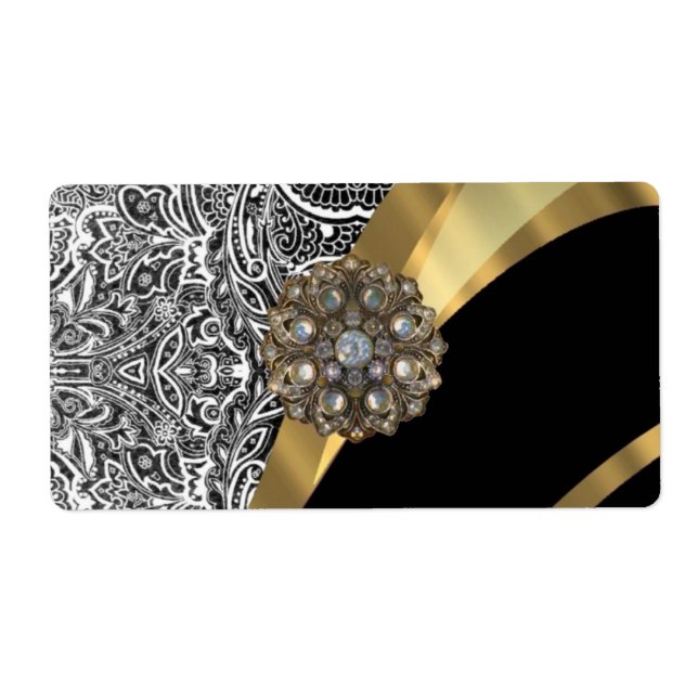 Étiquette Motif damassé floral noir et blanc (Devant)